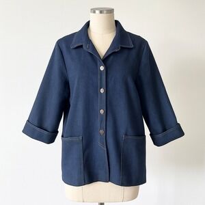 Graff Top Layering Jacket Womens Medium Blue 70s Button Front 3/4 Sleeve Vintage